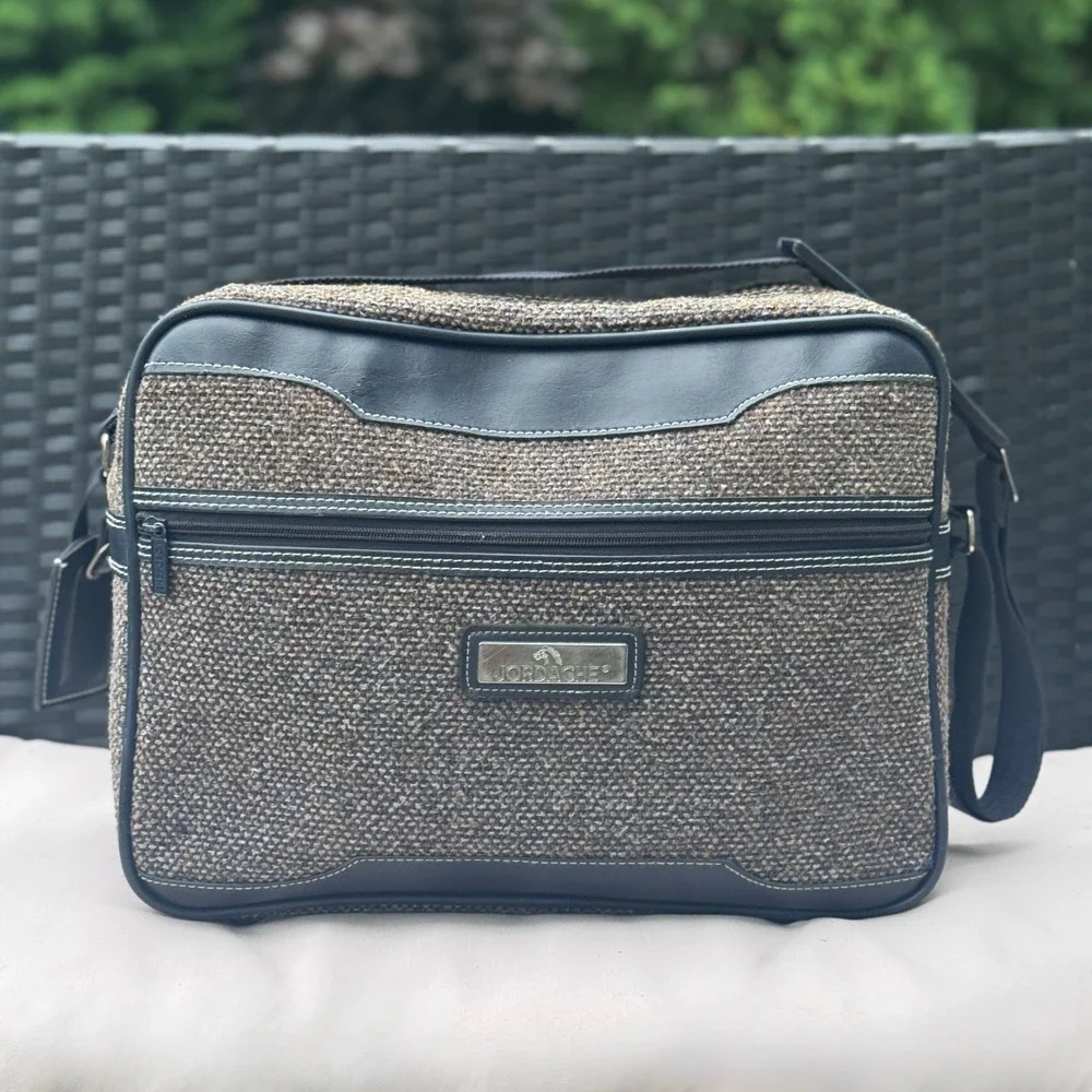 Vintage JORDACHE Brown Navy Tweed Travel Messenger Carry On Shoulder Bag Luggage